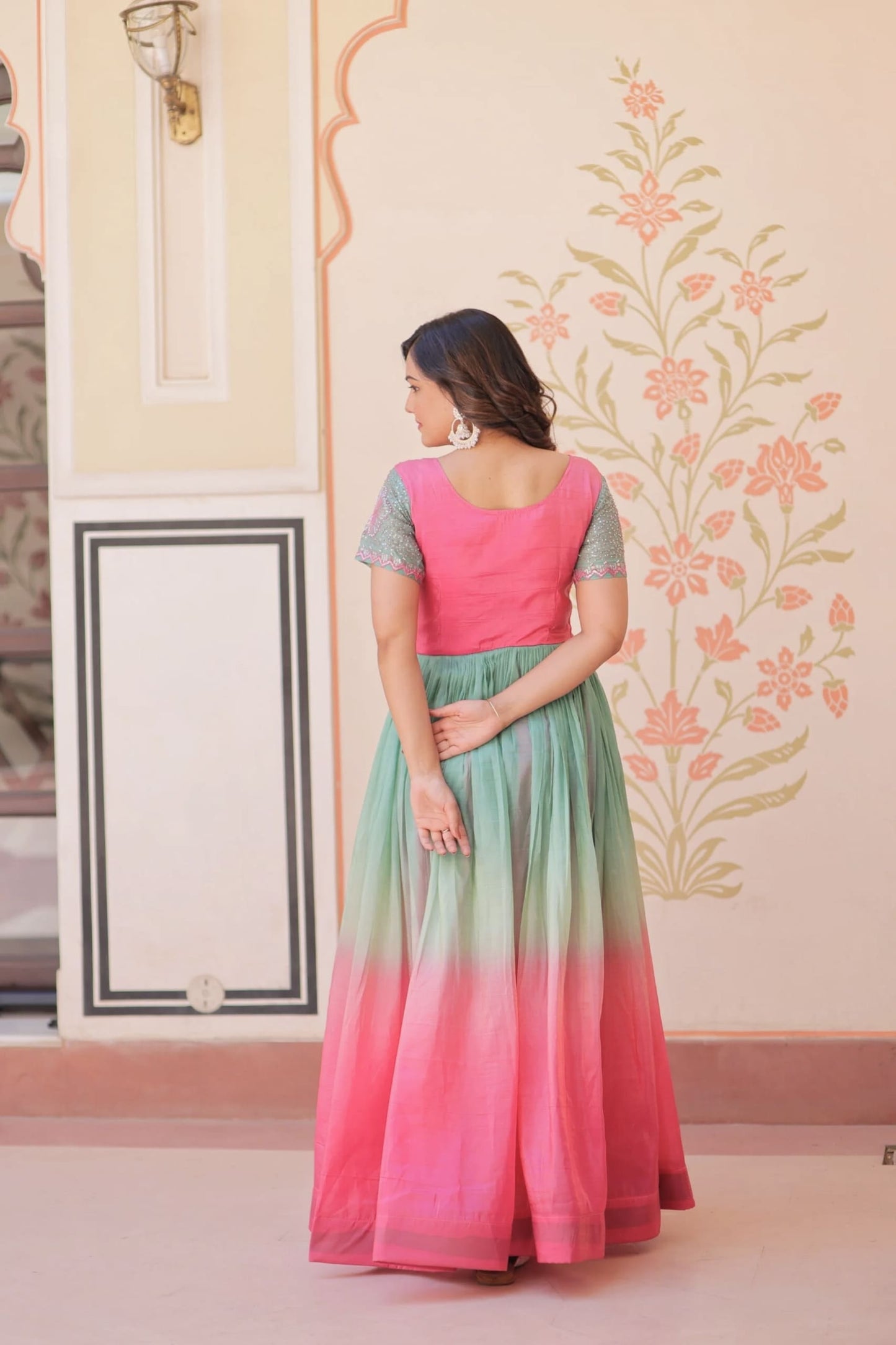 Pink Gold Crush Gown with Beads Embroidery & Elegant V-Neck