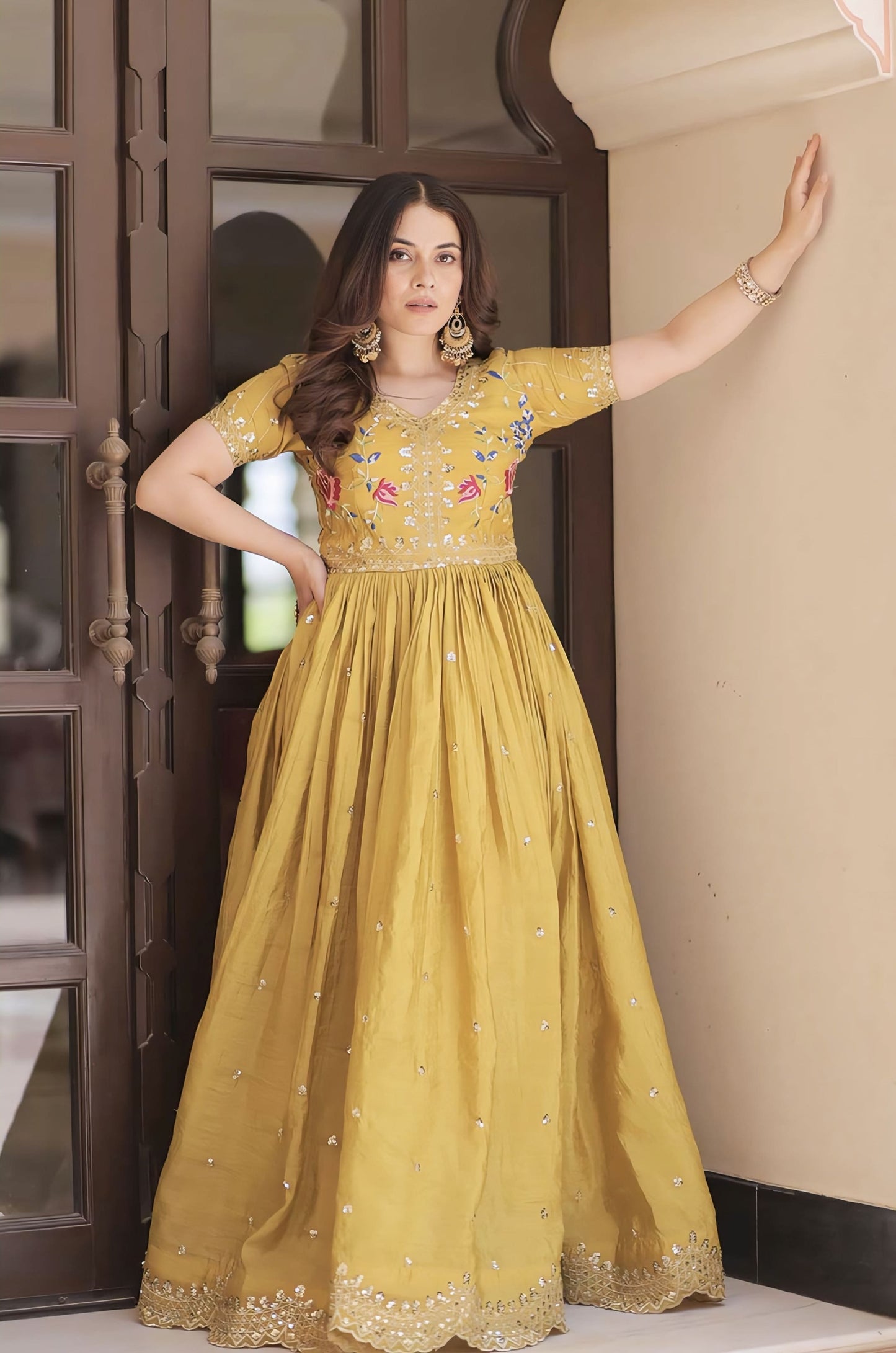 Yellow Gold Crush Gown with Zari Sequins & Thread Embroidery – Rim Zim  Fashion