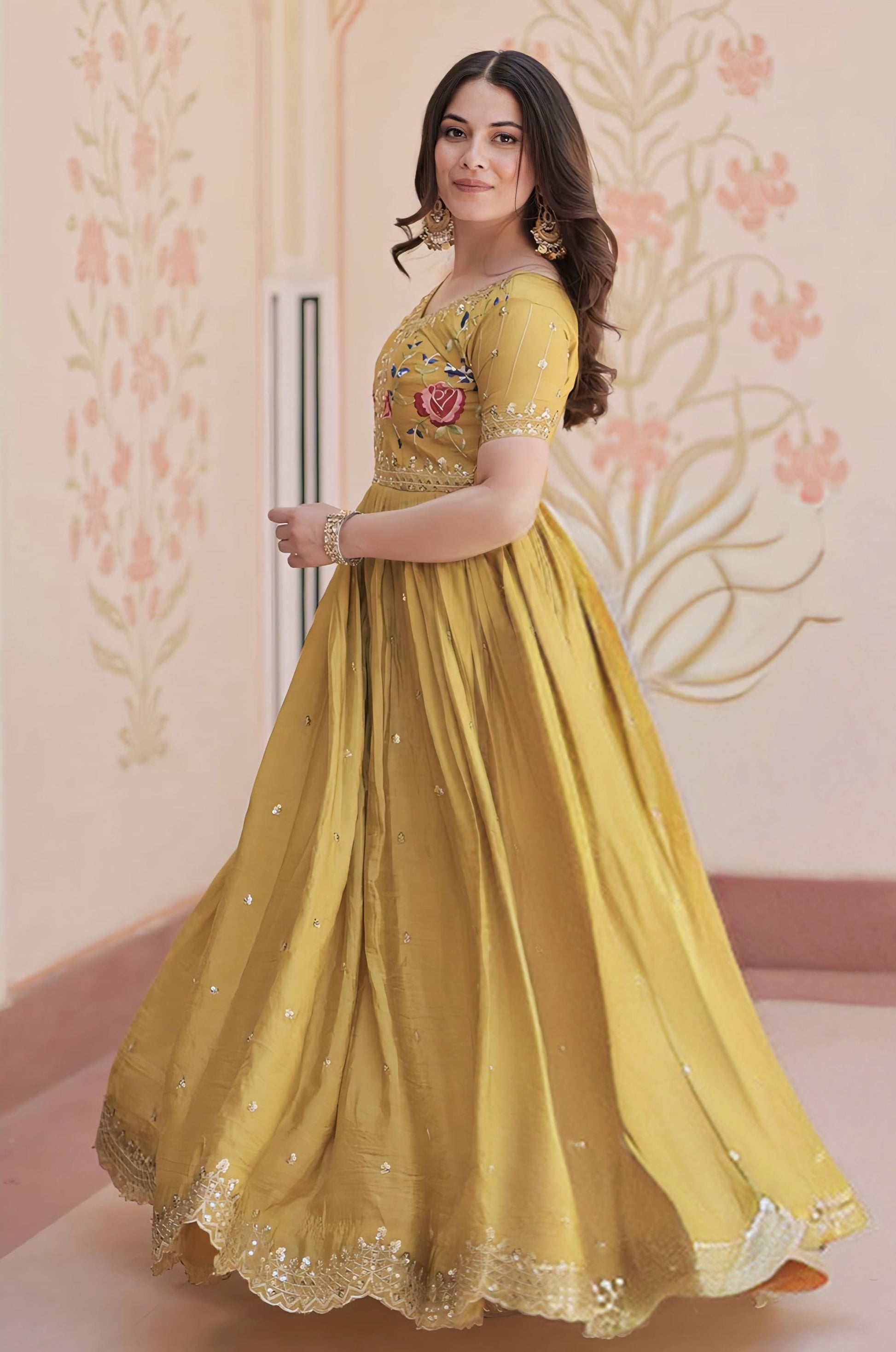Yellow Gold Crush Gown with Zari Sequins & Thread Embroidery – Rim Zim  Fashion
