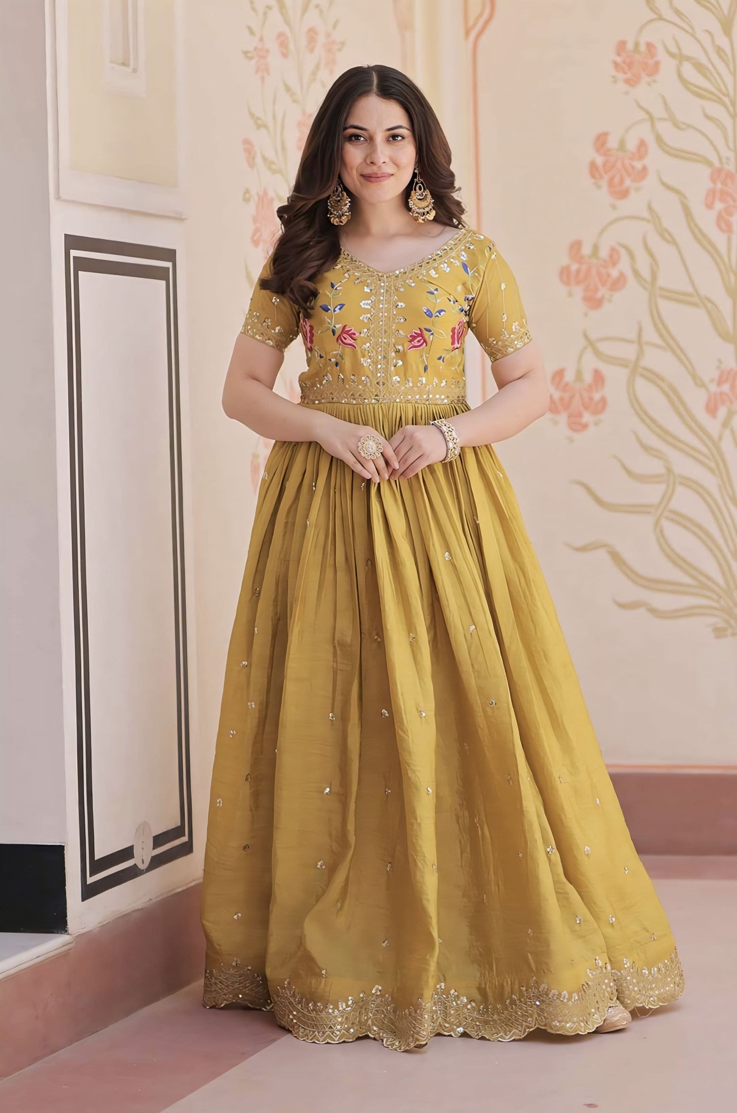 Yellow Gold Crush Gown with Multi Thread Embroidery, Zari & Sequins Work