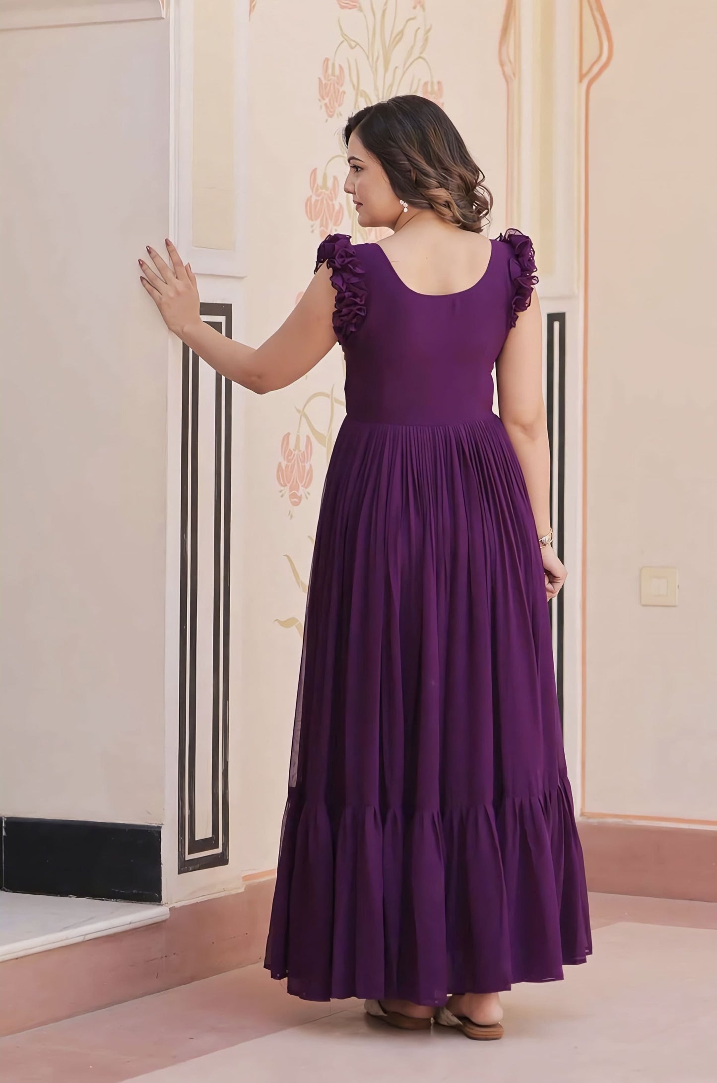 Purple Faux Blooming Gown with Sequins, Beads & Multi Thread Embroidery