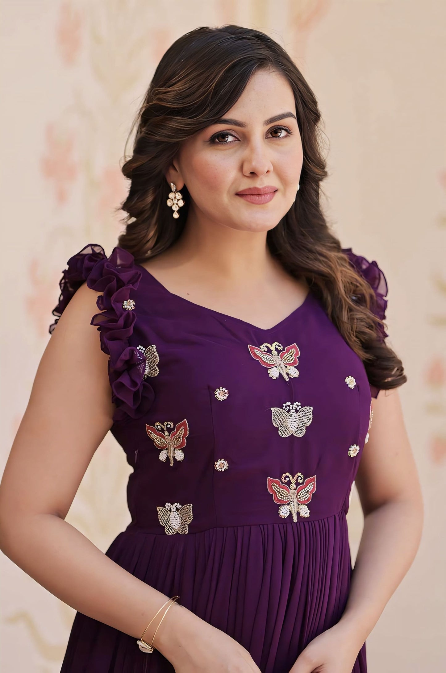 Purple Faux Blooming Gown with Sequins, Beads & Multi Thread Embroidery