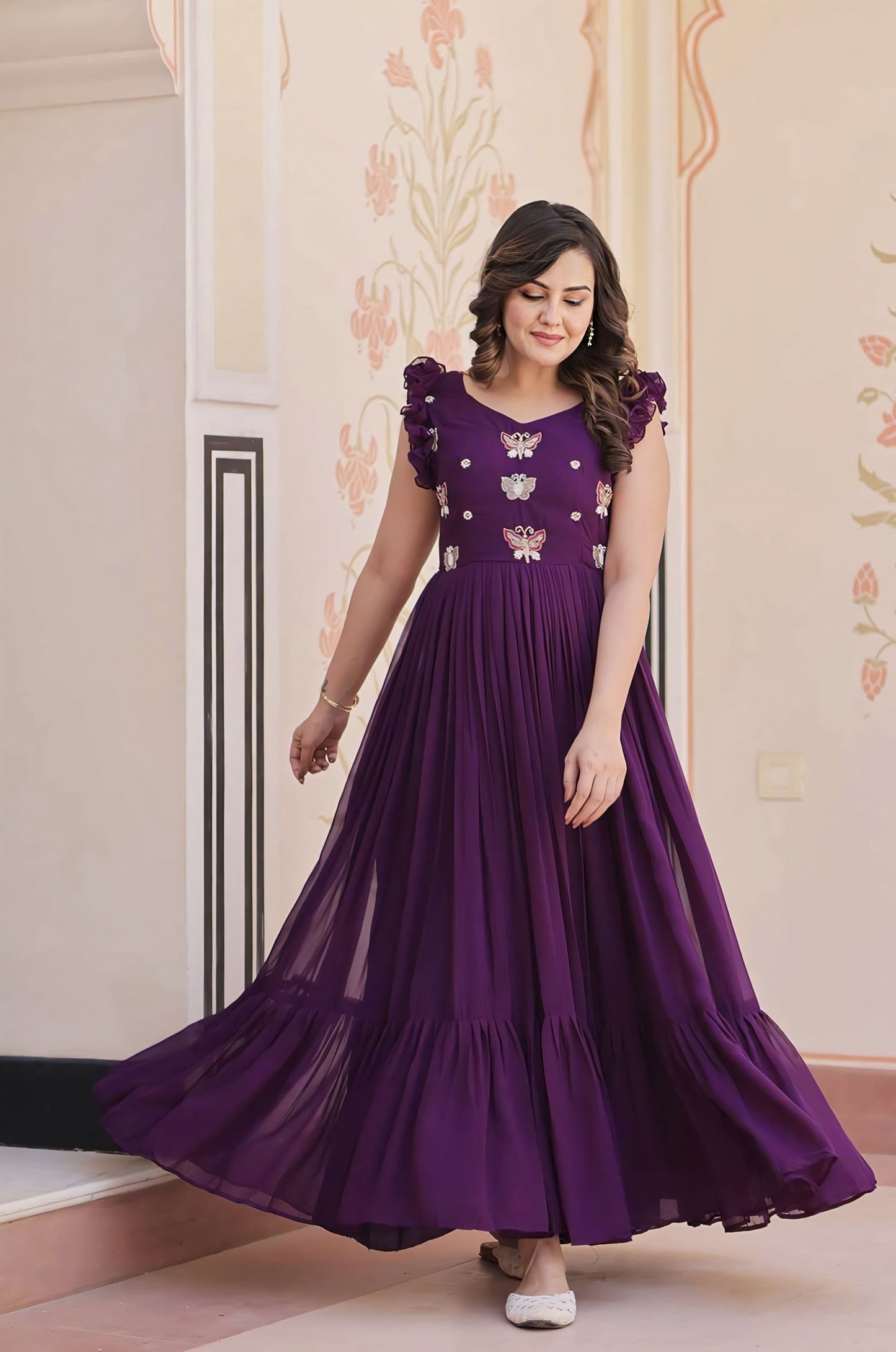 Purple Faux Blooming Gown with Sequins, Beads & Multi Thread Embroidery
