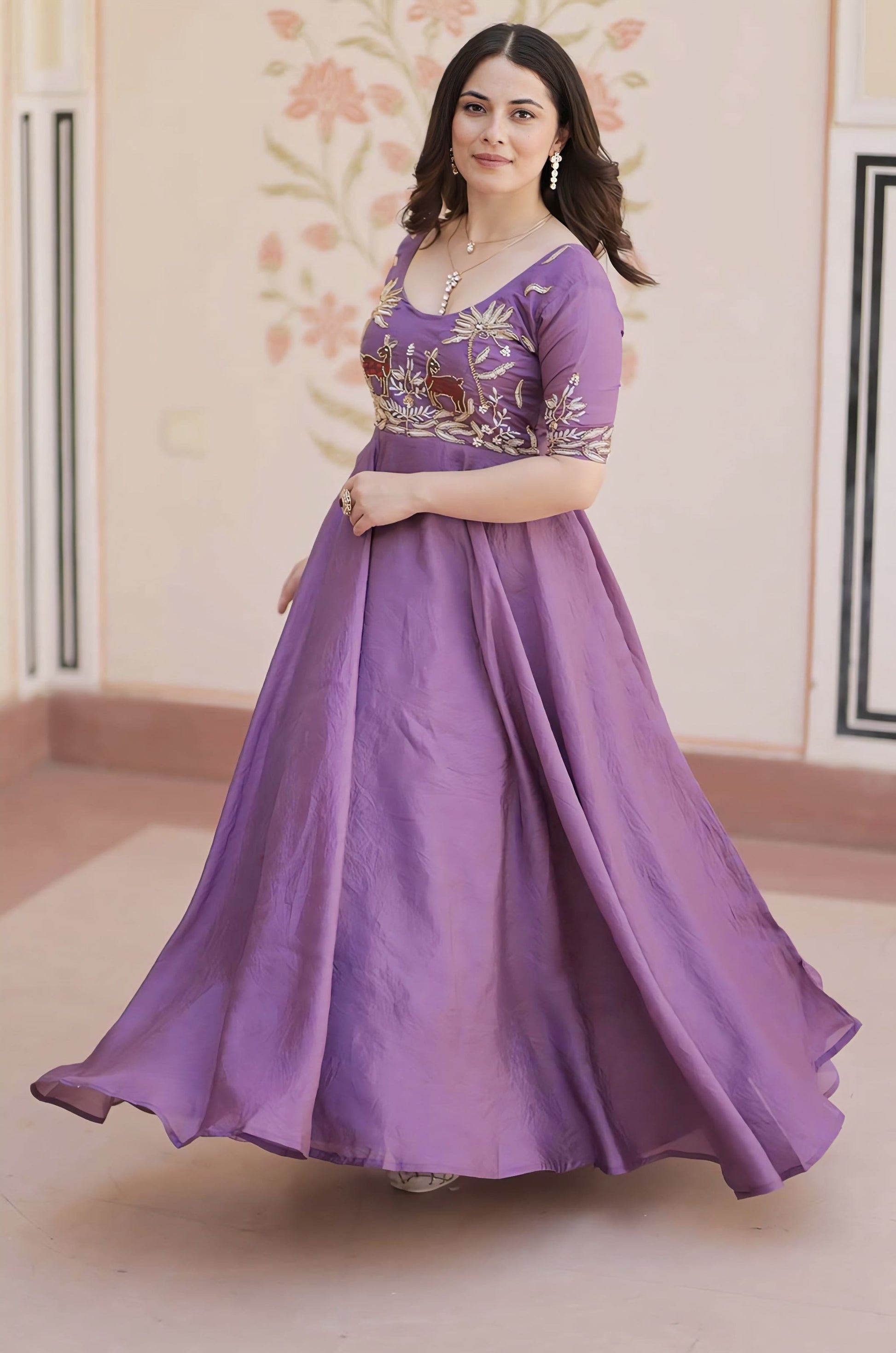 Purple gold crush gown with beads embroidery, umbrella flair stitching, round neck, half sleeves, and cotton lining for festive and wedding wear