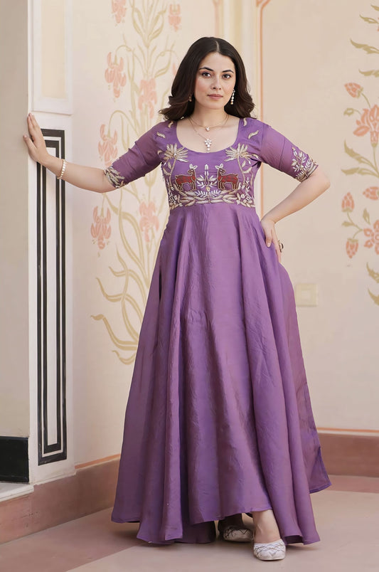 Purple Gold Crush Gown with Beads Embroidery & Umbrella Flair