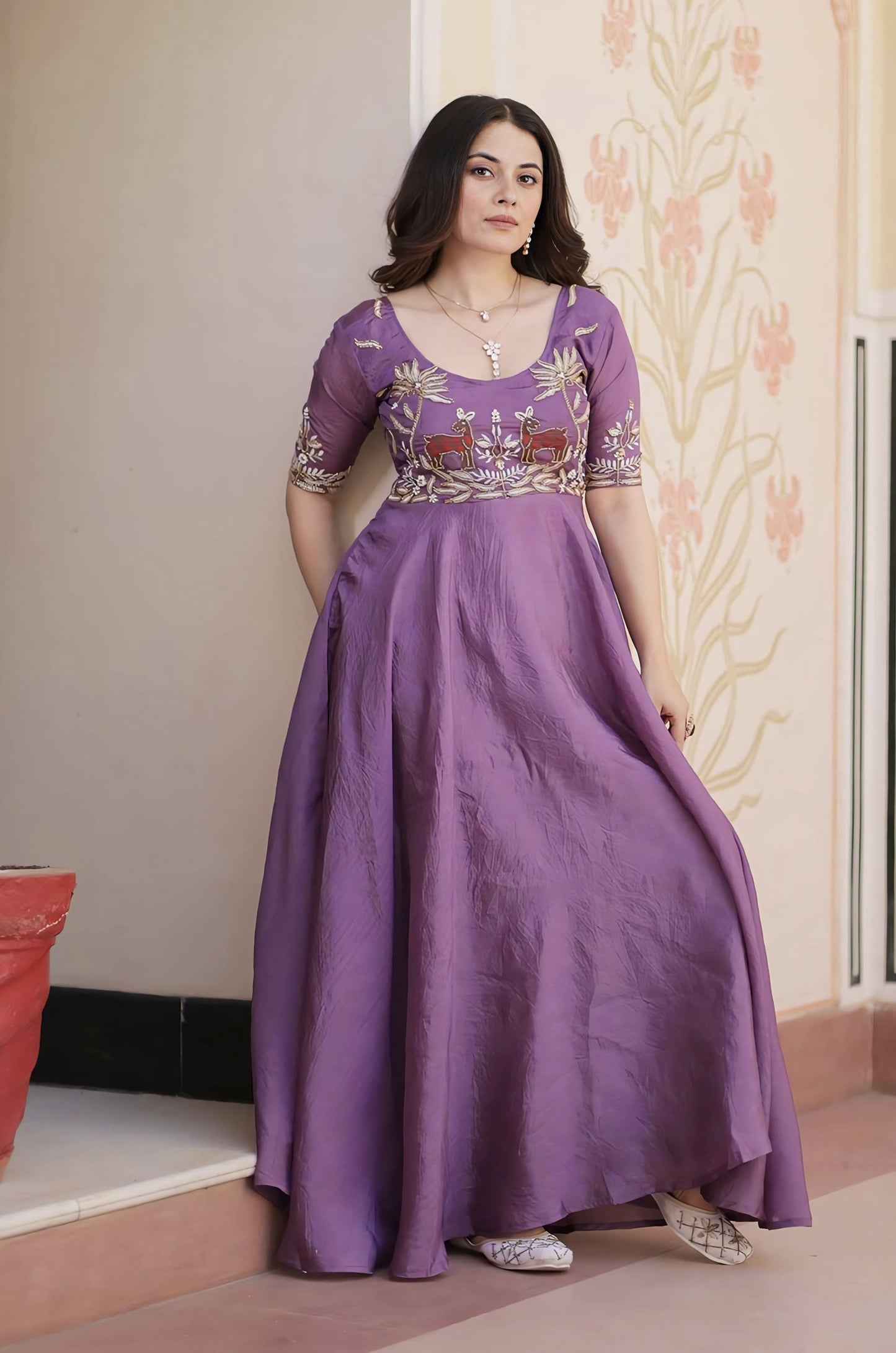 Purple Gold Crush Gown with Beads Embroidery & Umbrella Flair