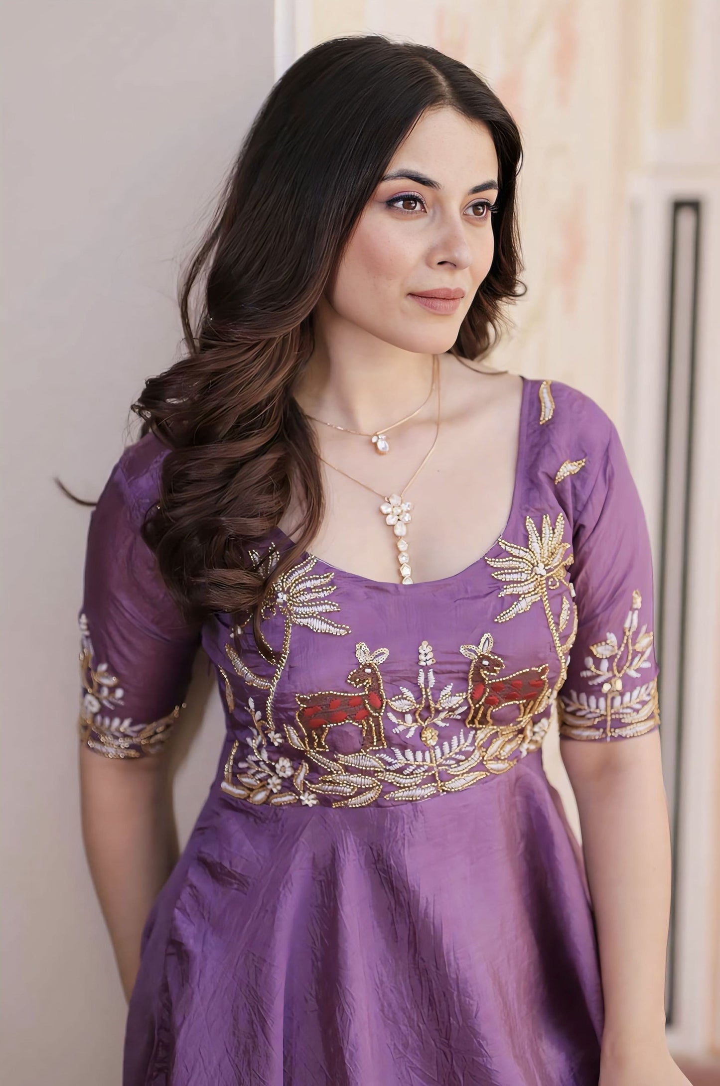 Purple Gold Crush Gown with Beads Embroidery & Umbrella Flair