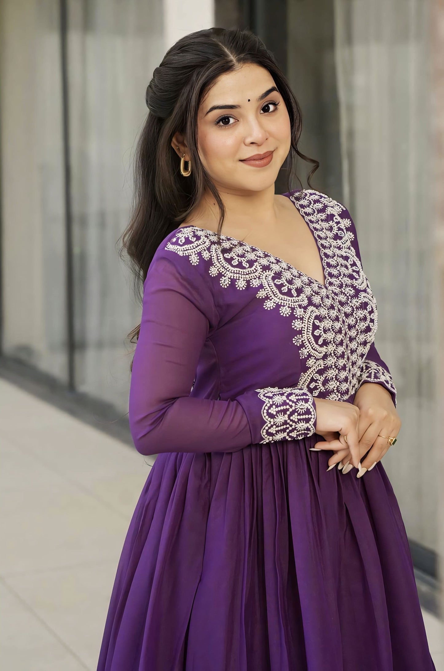 Purple Star Georgette Gown with Beads Sequins Embroidery & Double Flair