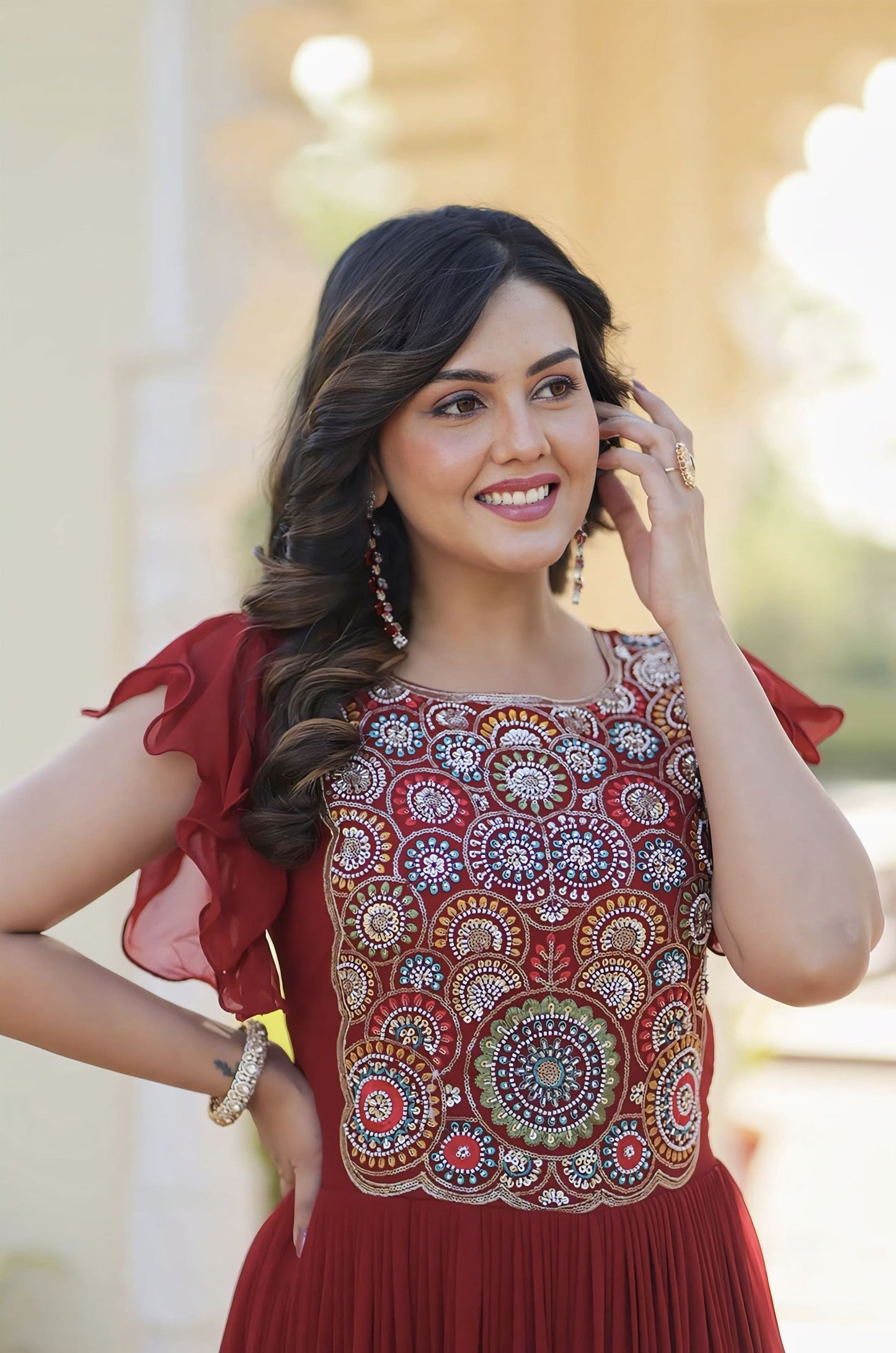 Maroon Faux Blooming Frill Gown with Beads Sequins Embroidery & 7 Meter Flair