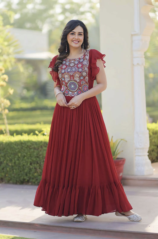 Maroon Faux Blooming Frill Gown with Beads Sequins Embroidery & 7 Meter Flair