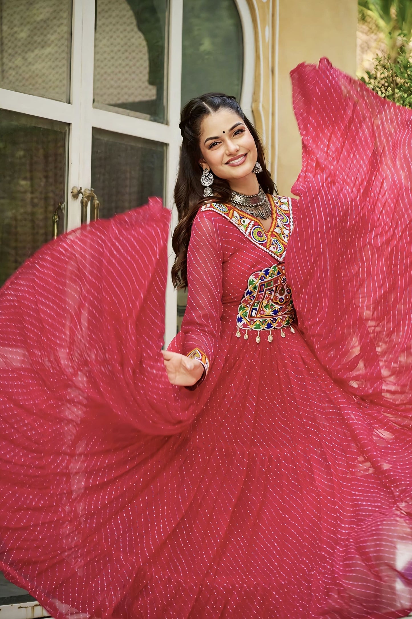 Pink Laheriya Georgette Gown with Kutchi Embroidery & Full Sleeves