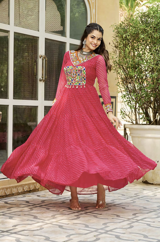 Pink Laheriya georgette gown with Kutchi patchwork embroidery, embroidered full sleeves, and cotton lining for Navratri and festive wear