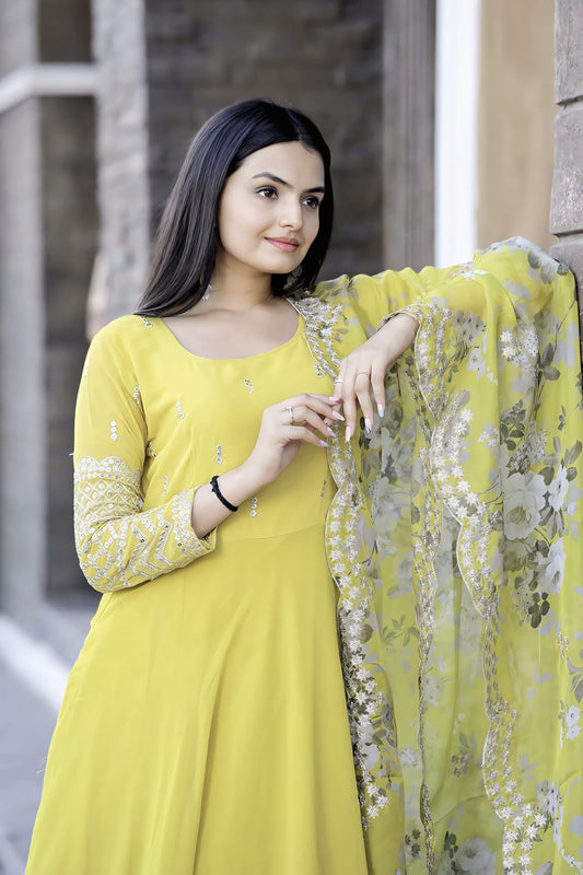 Yellow Faux Blooming Gown with Zari Sequins Embroidery & Floral Organza Dupatta