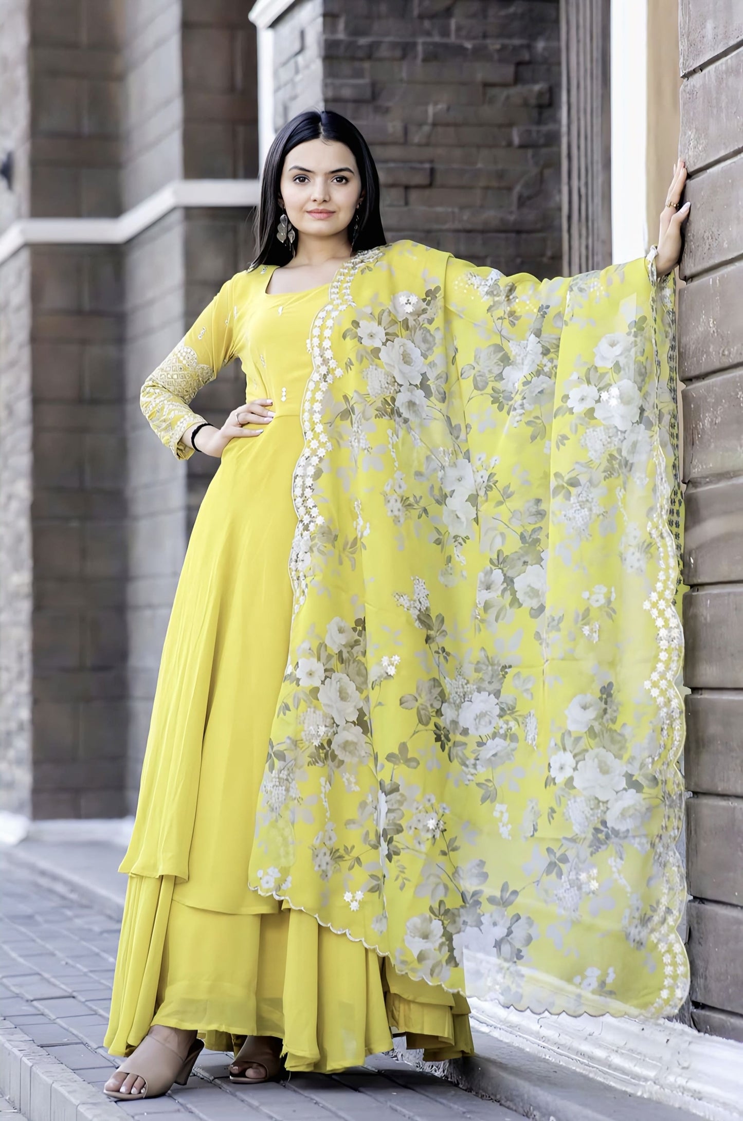 Yellow Faux Blooming Gown with Zari Sequins Embroidery & Floral Organza Dupatta