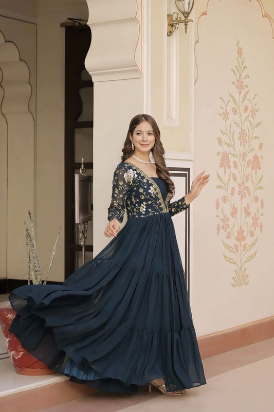 Rama green faux blooming gown with sequins zari embroidery, fancy V-neck, and full embroidered sleeves for festive and wedding wear
