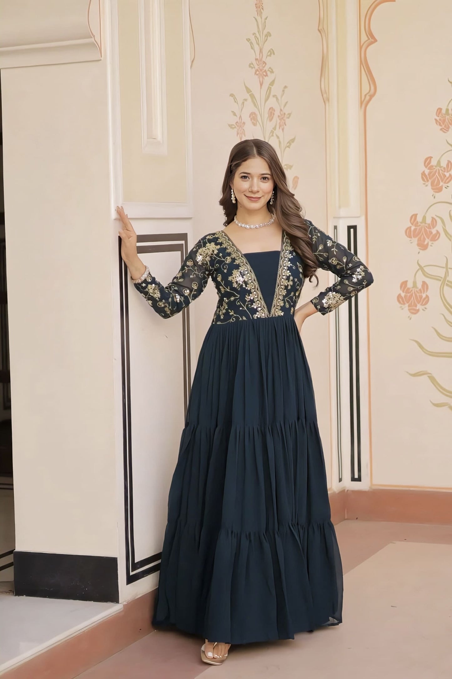 Rama Green Faux Blooming Gown with Sequins Zari Embroidery & V-Neck