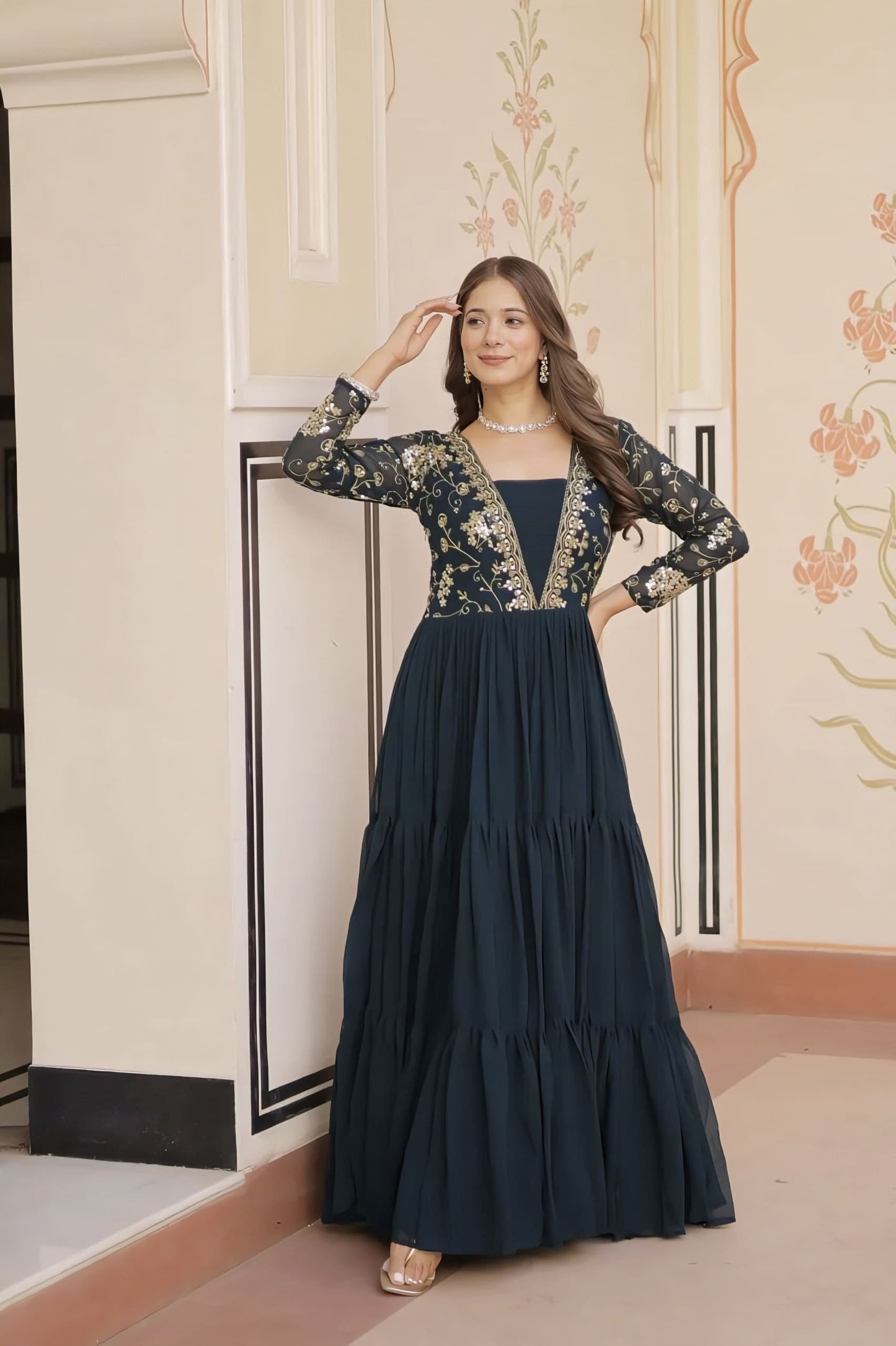 Rama Green Faux Blooming Gown with Sequins Zari Embroidery & V-Neck