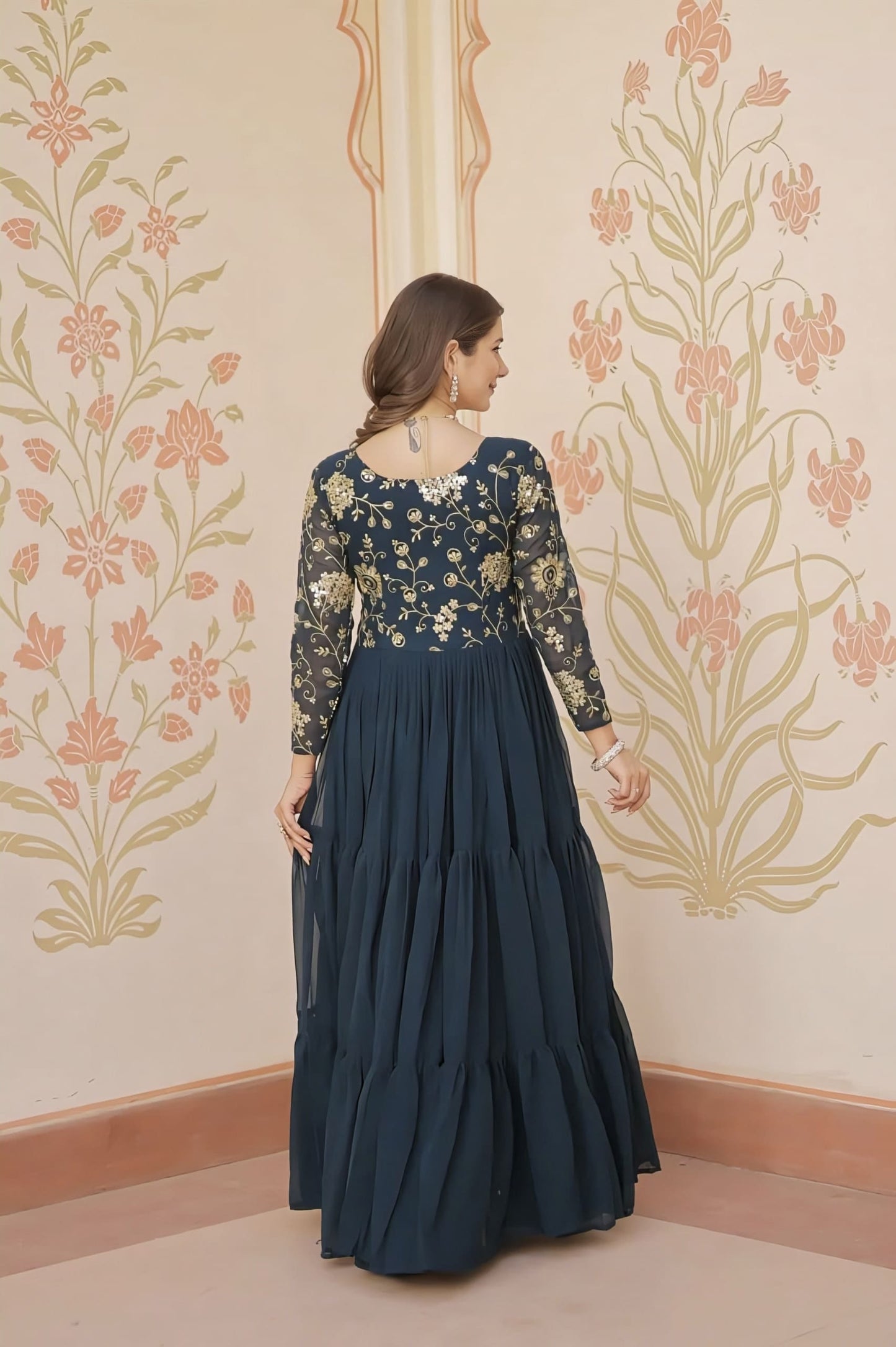 Rama Green Faux Blooming Gown with Sequins Zari Embroidery & V-Neck