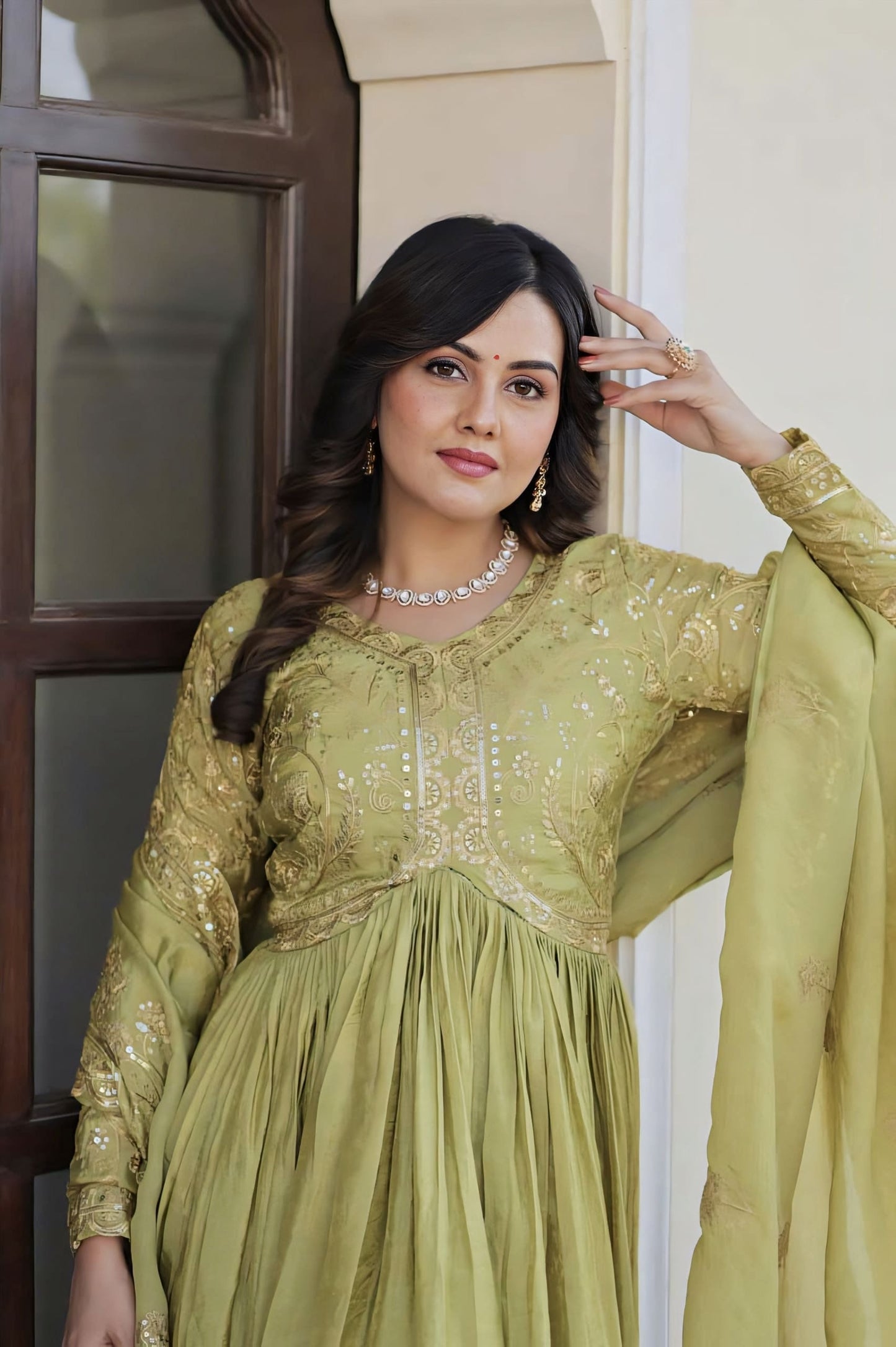Green Gold Crush Gown with Multi Thread Embroidery, Sequins & Dupatta