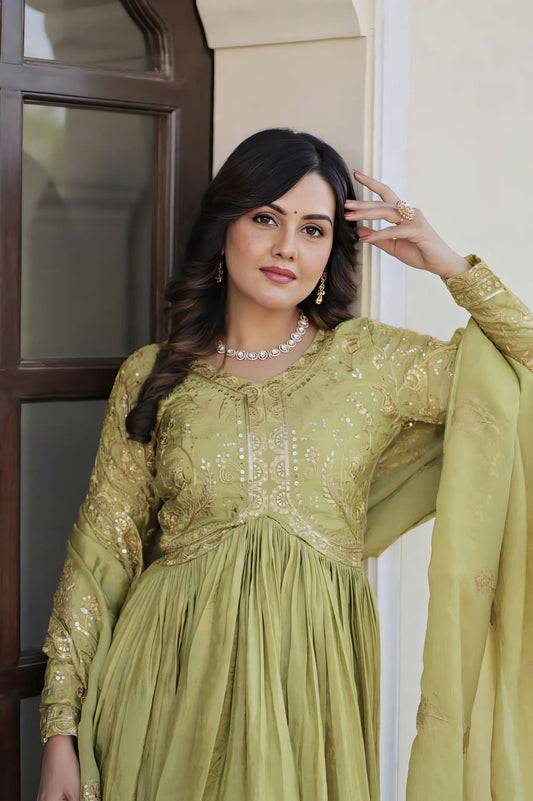 Green Gold Crush Gown with Multi Thread Embroidery, Sequins & Dupatta