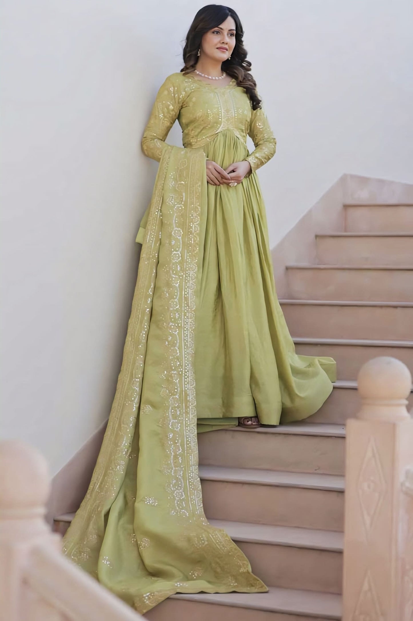 Green Gold Crush Gown with Multi Thread Embroidery, Sequins & Dupatta Rim Zim Fashion Green Gold Crush Gown with Multi Thread Embroidery, Sequins & Dupatta Rim Zim Fashion