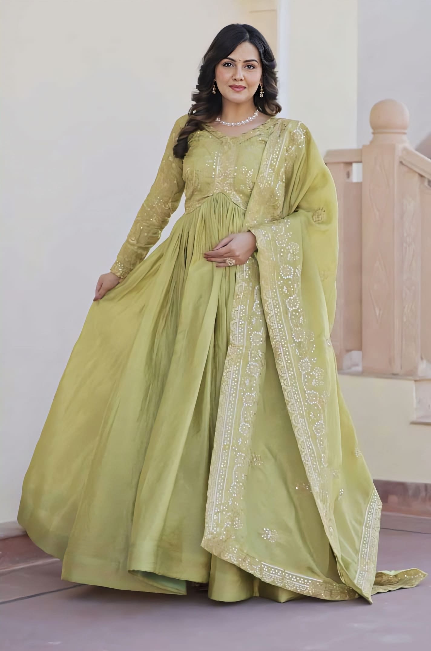 Green Gold Crush Gown with Multi Thread Embroidery, Sequins & Dupatta
