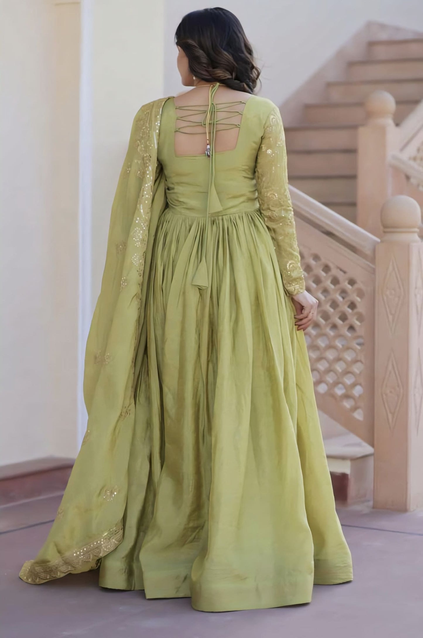 Green Gold Crush Gown with Multi Thread Embroidery, Sequins & Dupatta