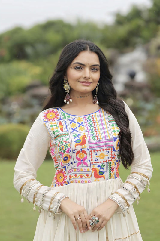 Off-White Kora Cotton Gown with Gota Patti & Multicolor Thread Embroidery
