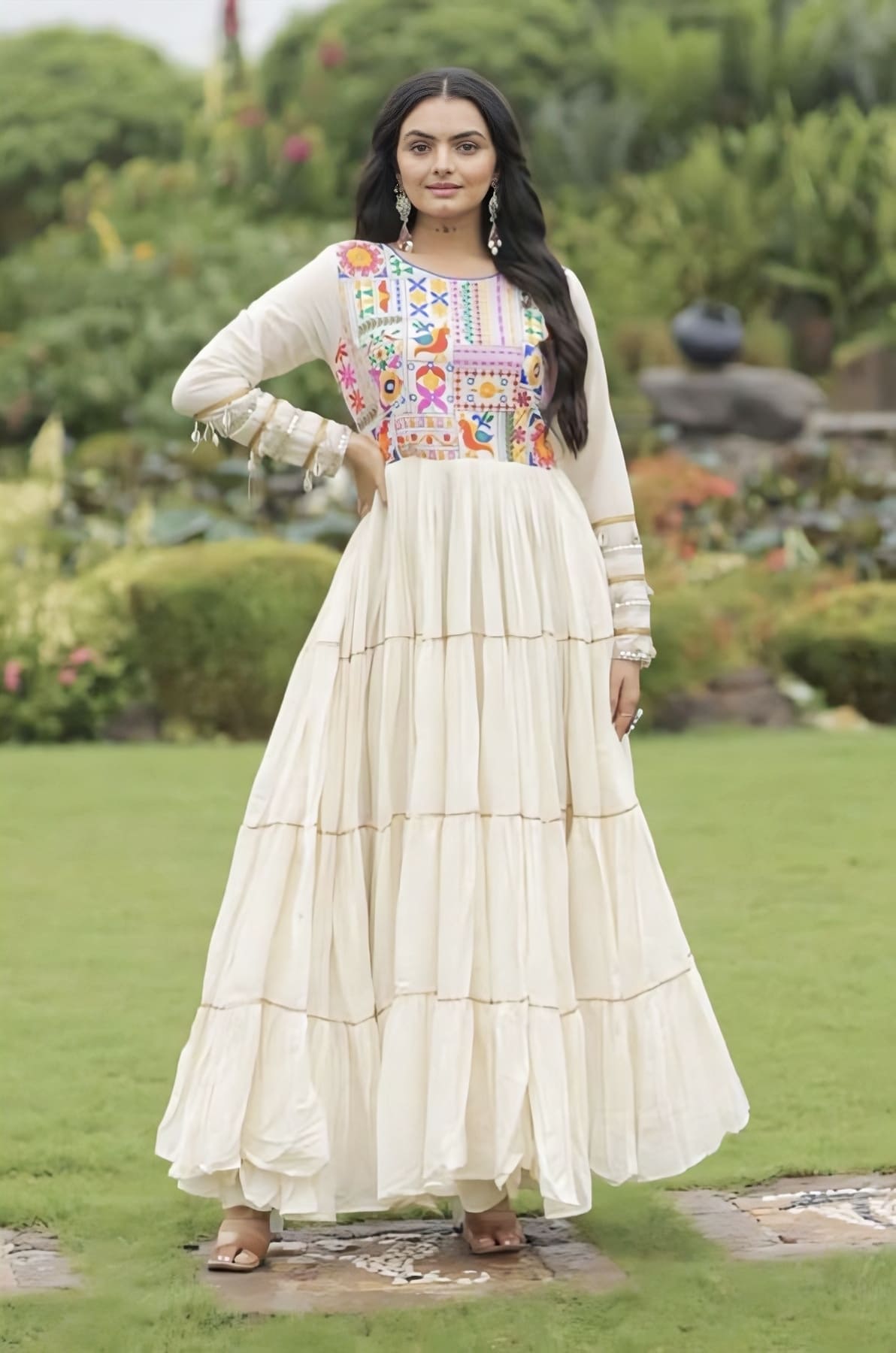 Off-White Kora Cotton Gown with Gota Patti & Multicolor Thread Embroidery