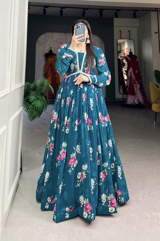 Floral printed georgette soft gown with elegant lace border detailing and flowy silhouette for festive and casual wear