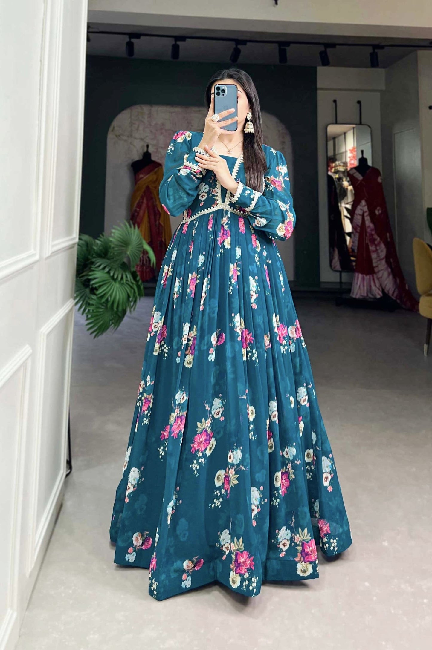 Floral Printed Georgette Gown with Elegant Lace Border