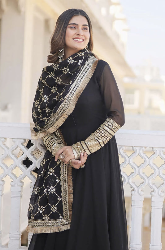 Black Faux Blooming Designer Gown with Sequins Embroidery & Dupatta