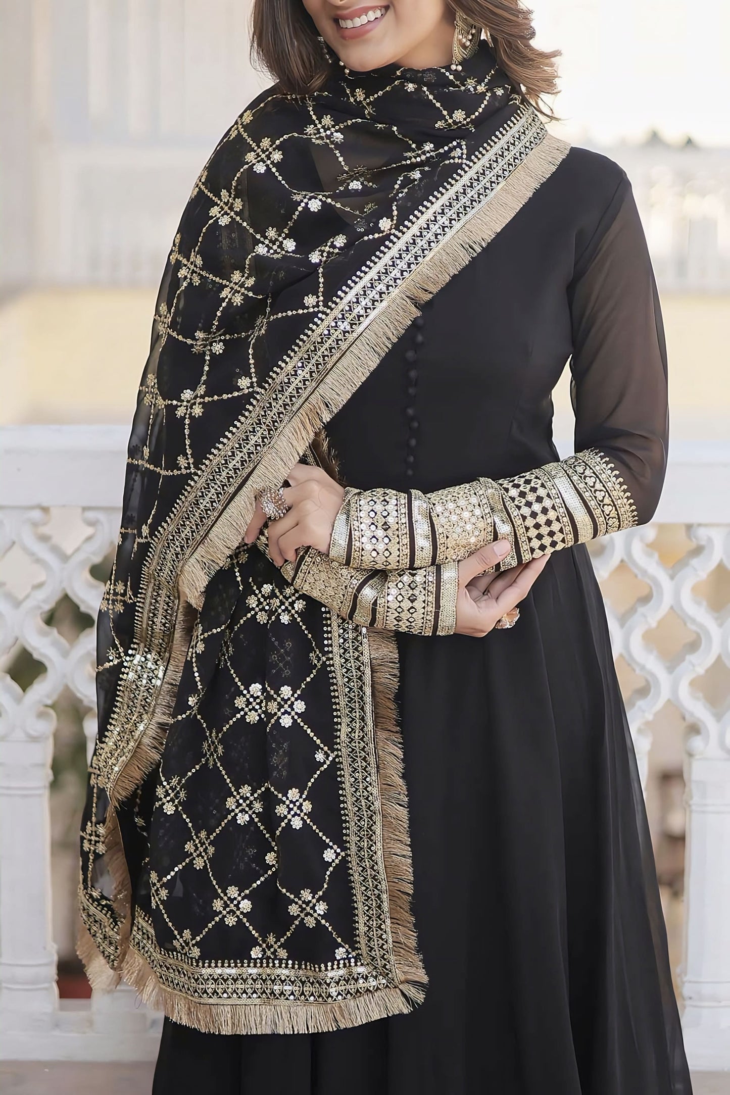 Black Faux Blooming Designer Gown with Sequins Embroidery & Dupatta