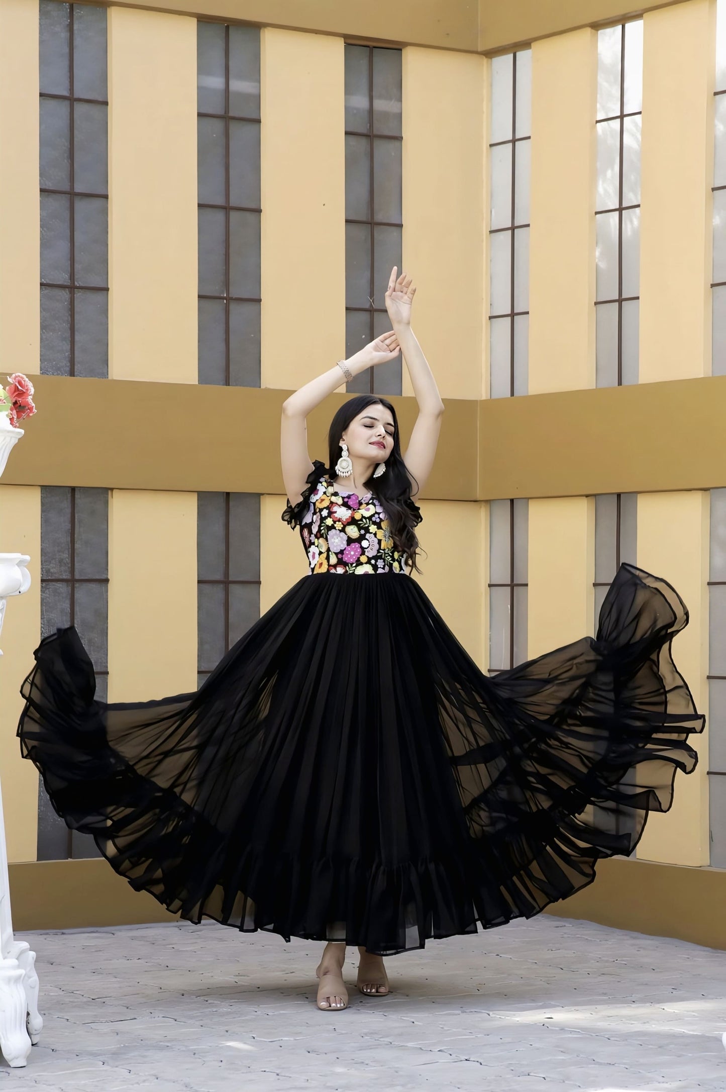 Black Faux Blooming Gown with Sequins Multi Thread Embroidery & Frill Design