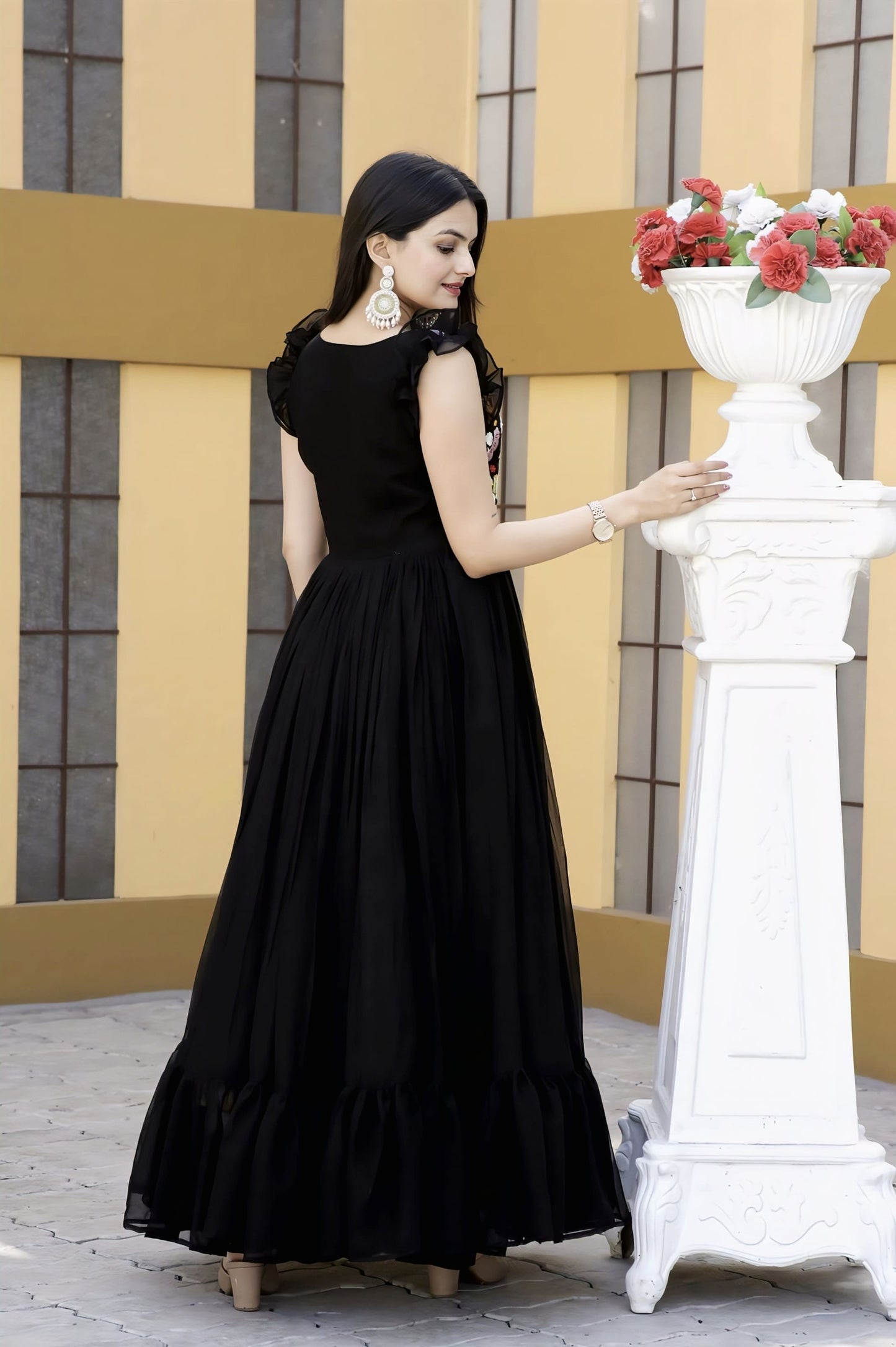 Black Faux Blooming Gown with Sequins Multi Thread Embroidery & Frill Design