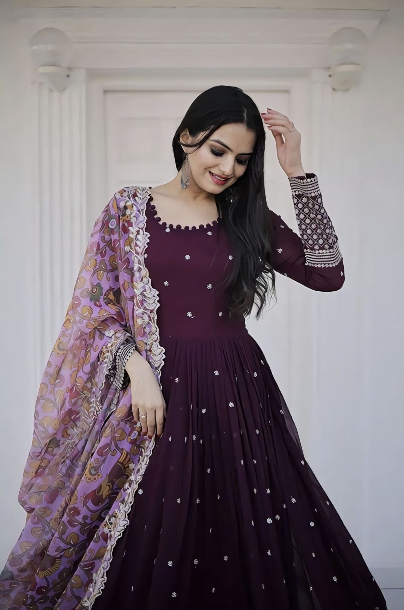 Wine Faux Blooming Gown with Zari Sequins Embroidery & Organza Dupatta