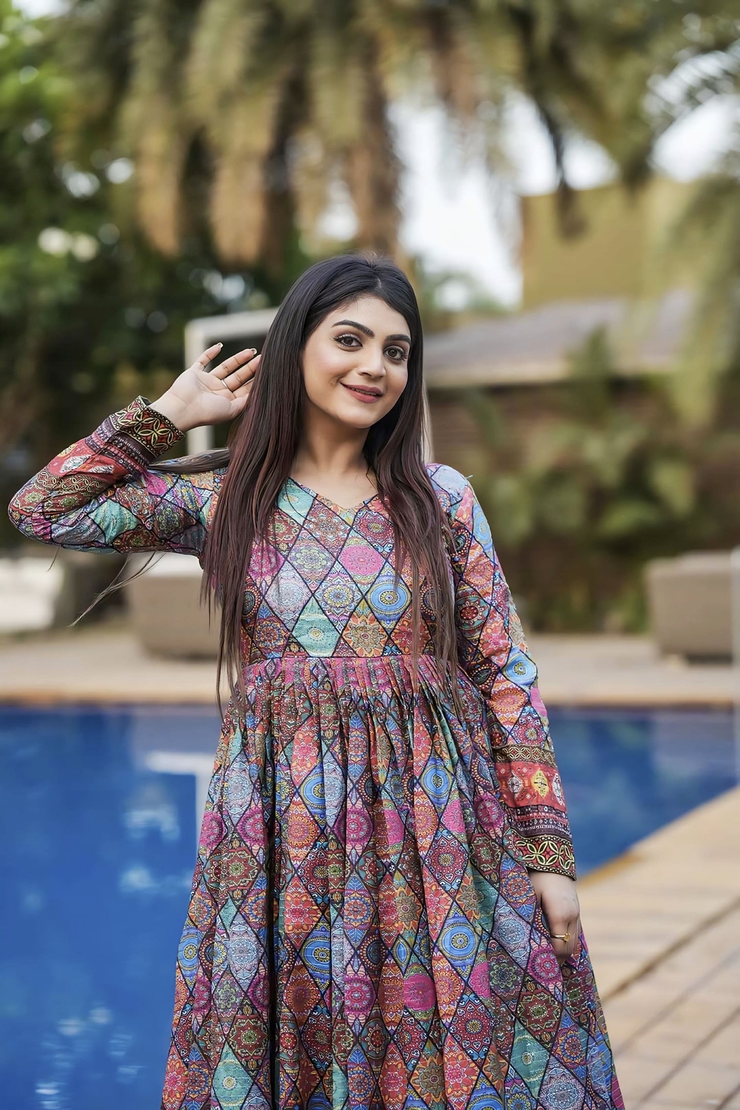 Multi Color Digital Printed Mashlin Gown with Crochet Work & Georgette Dupatta