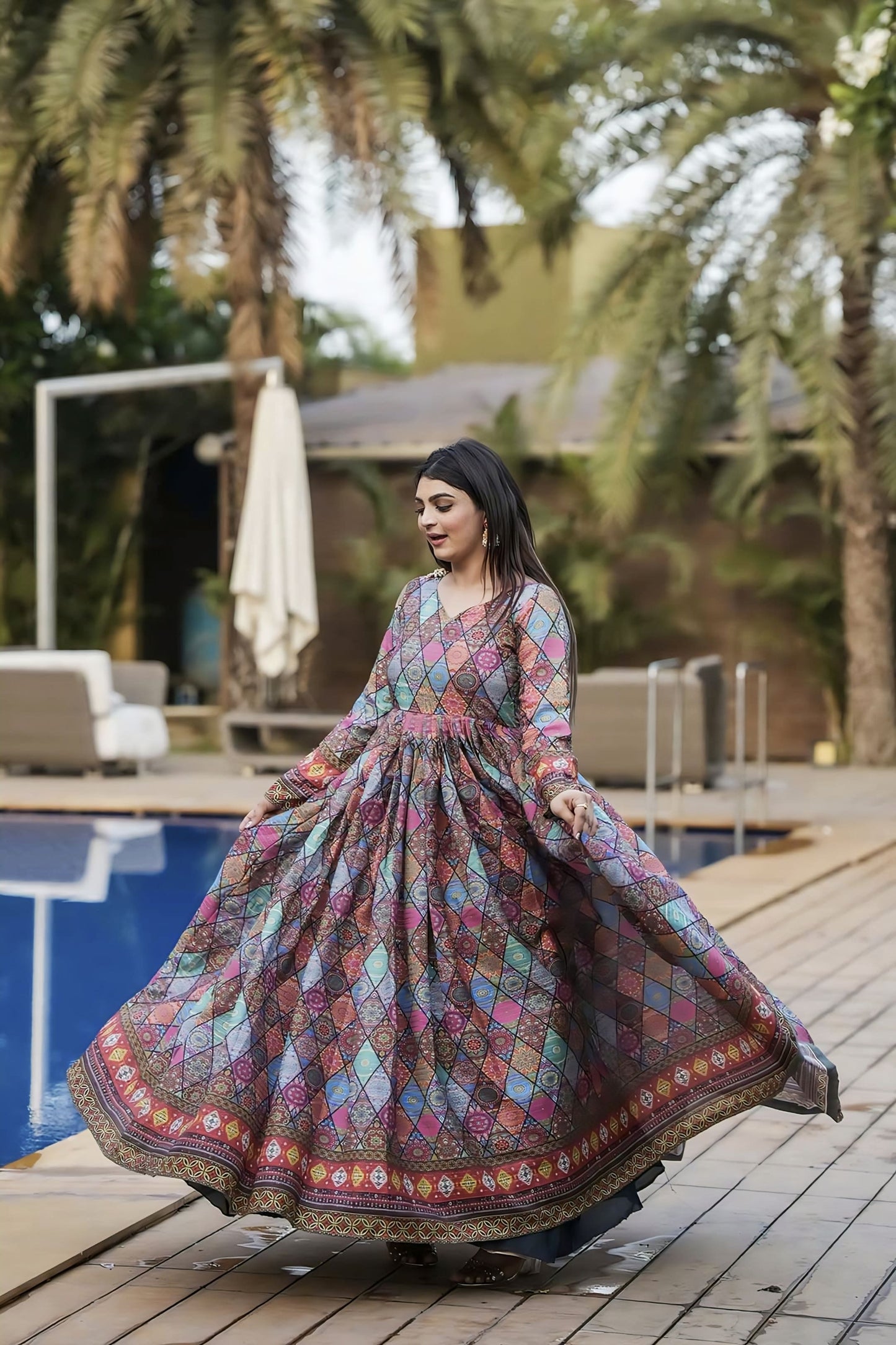 Multi Color Digital Printed Mashlin Gown with Crochet Work & Georgette Dupatta