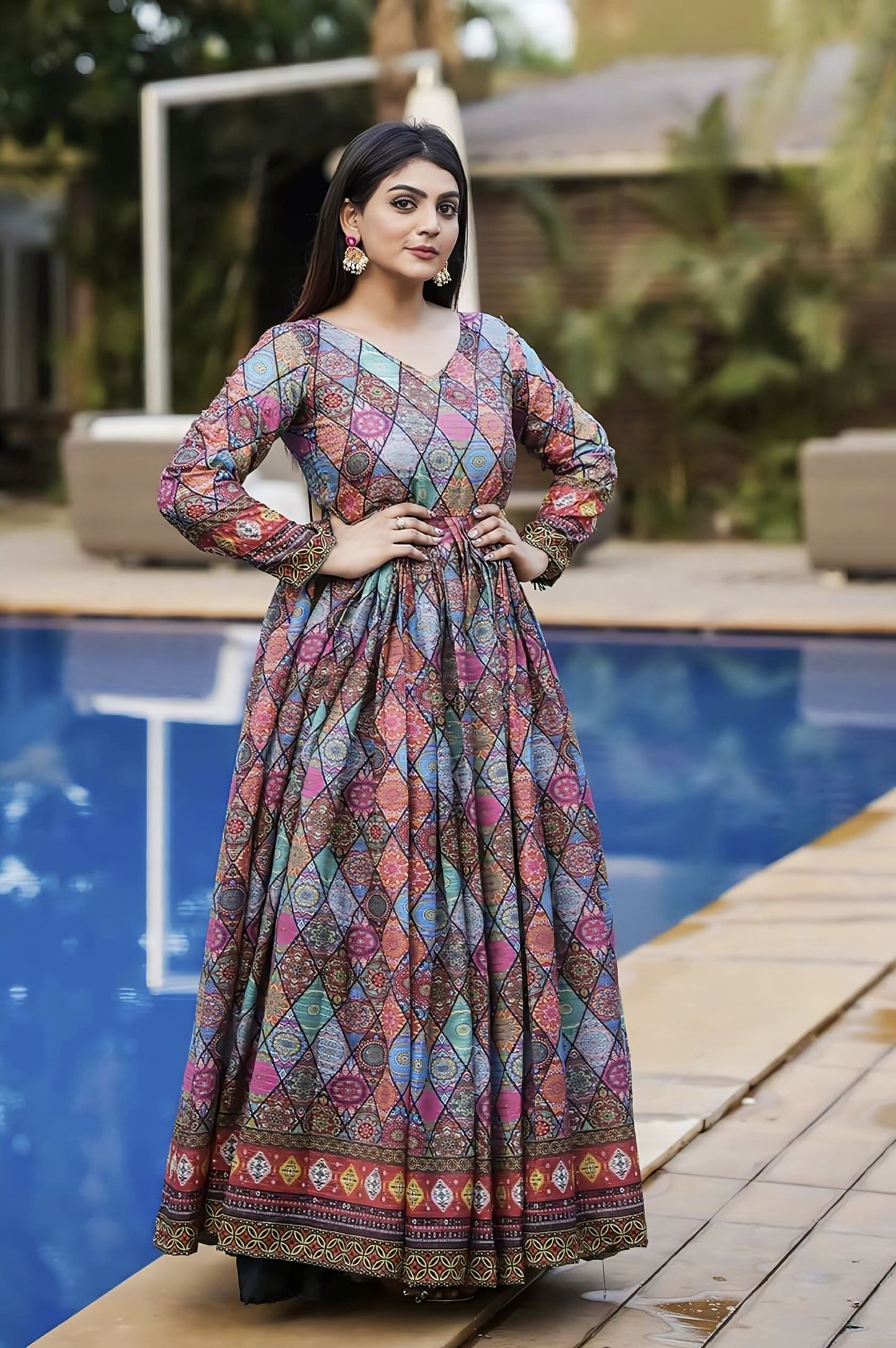 Multi color digital printed mashlin gown with crochet work, micro inner lining, and fox georgette dupatta for festive and casual wear