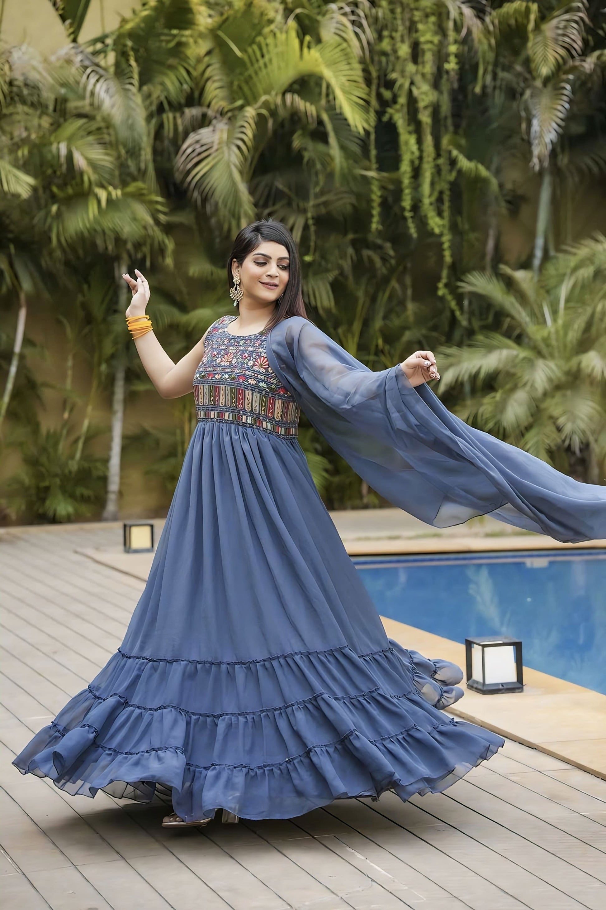 Blue fox georgette embroidered gown with soft micro inner lining and matching dupatta for festive and wedding wear
