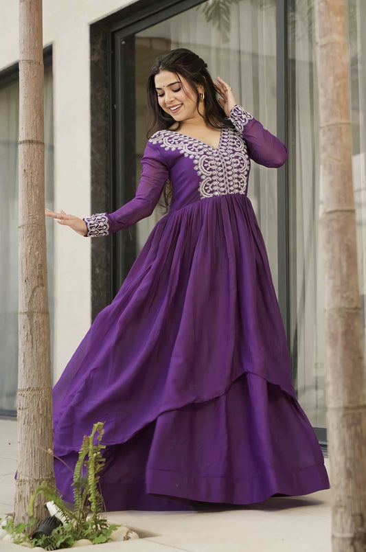 Purple star georgette gown with beads and sequins embroidery, V-neckline, full sleeves, double flair stitching, and cotton lining for festive and wedding wear