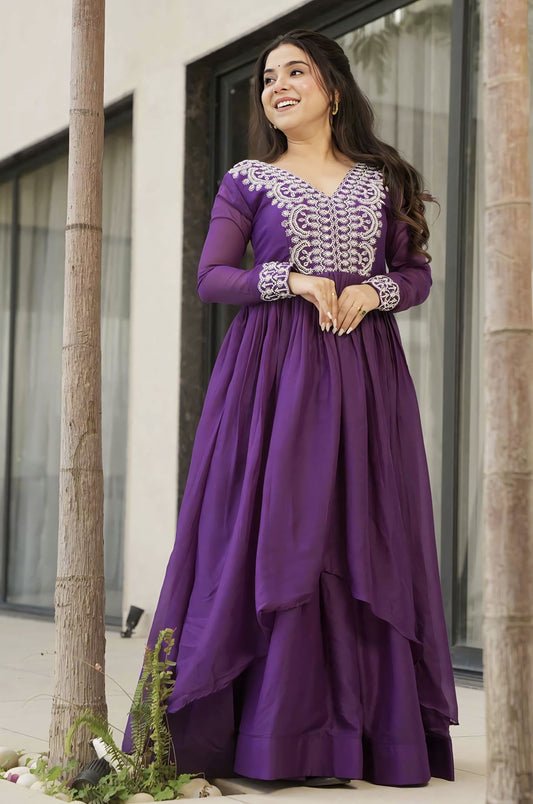 Purple Star Georgette Gown with Beads Sequins Embroidery & Double Flair
