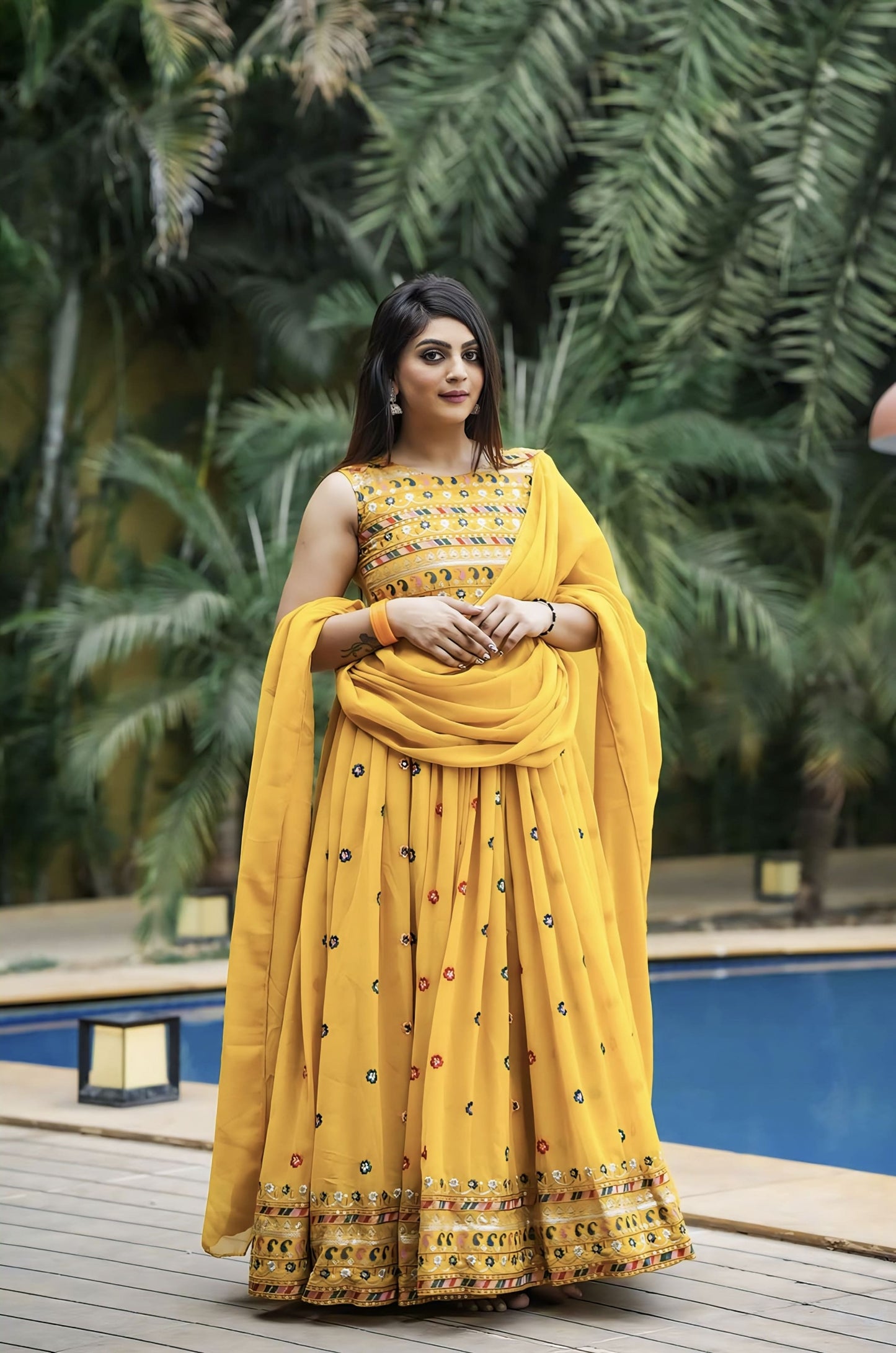 Yellow Fox Georgette Embroidered Gown with Matching Dupatta