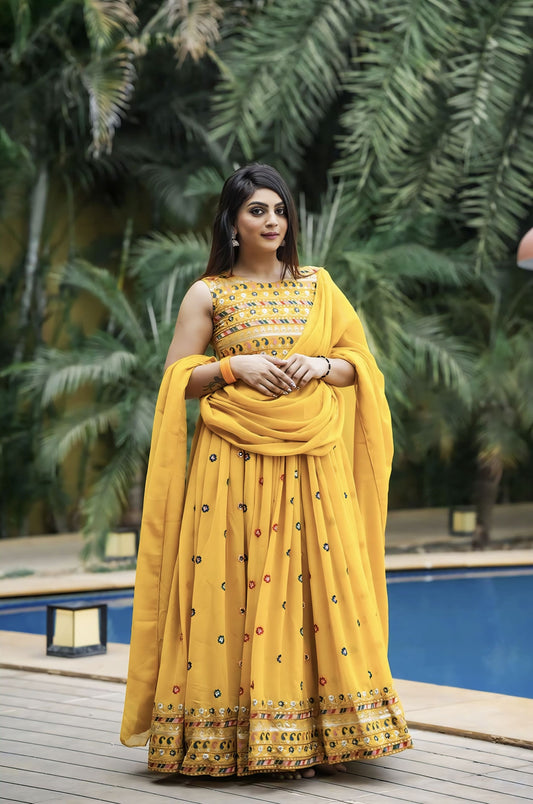 Yellow Fox Georgette Embroidered Gown with Matching Dupatta