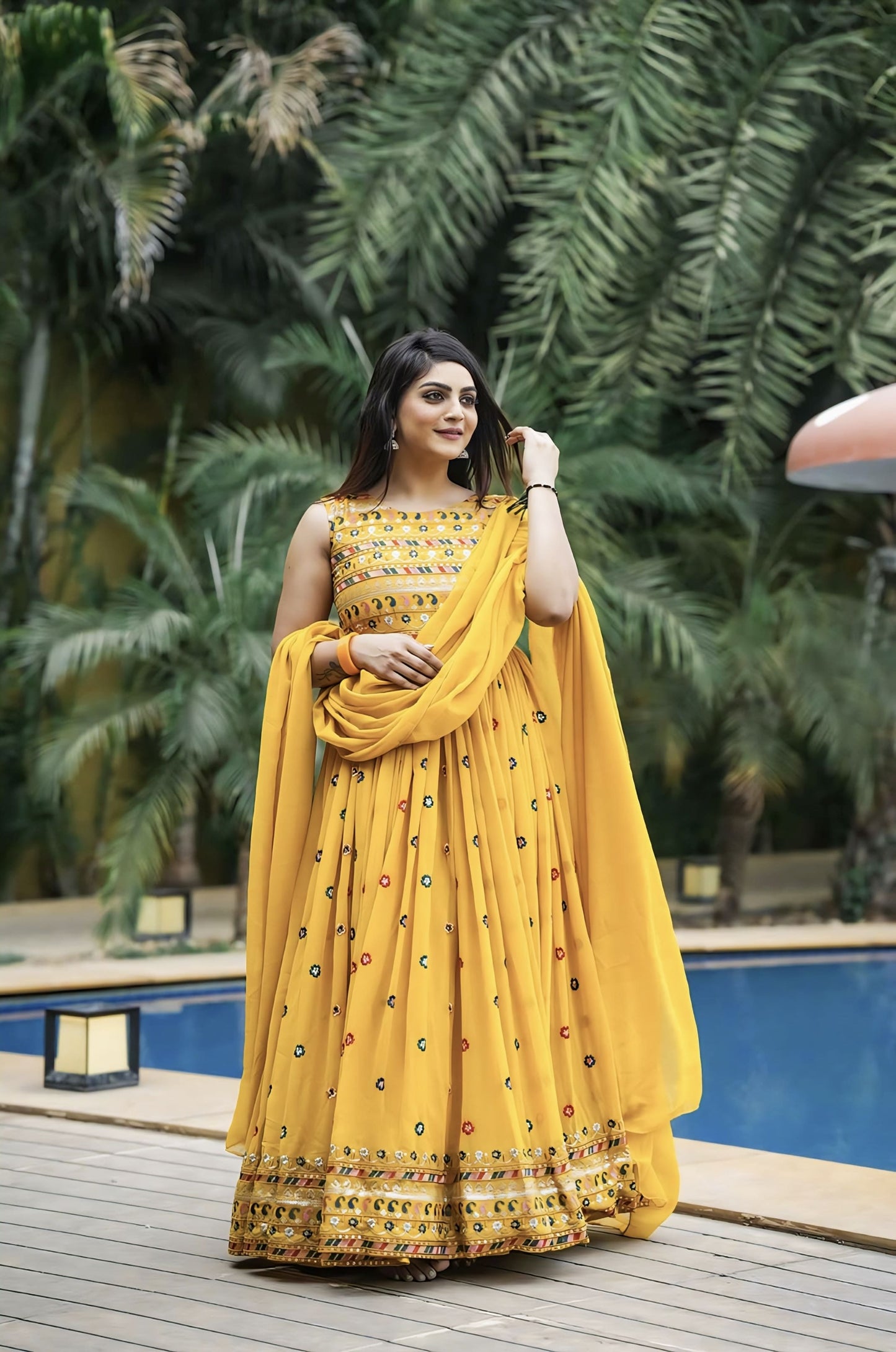 Yellow Fox Georgette Embroidered Gown with Matching Dupatta
