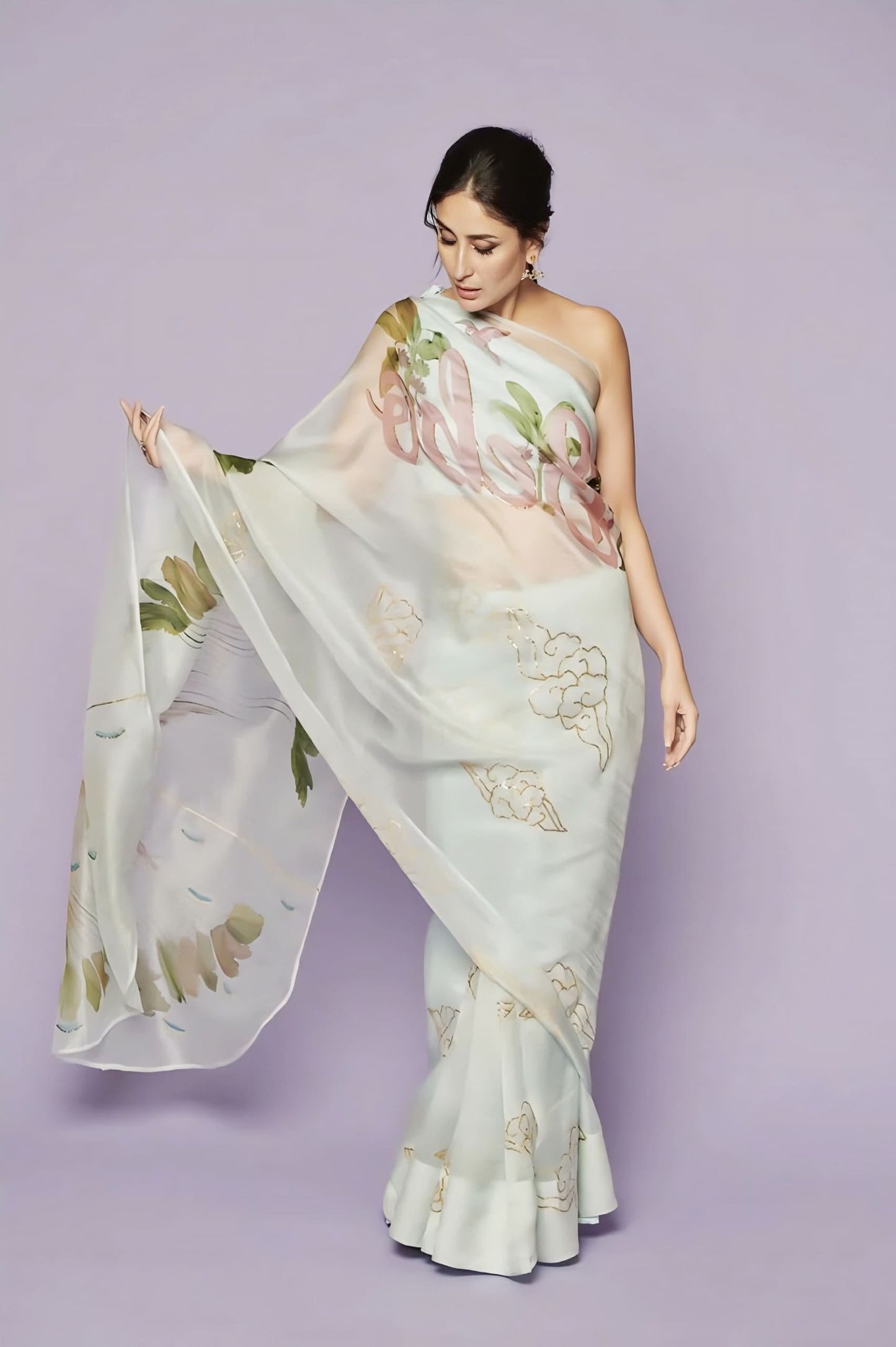 Kareena Kapoor inspired powder blue pure silk organza saree with hand painting customized name detailing and gota embroidery