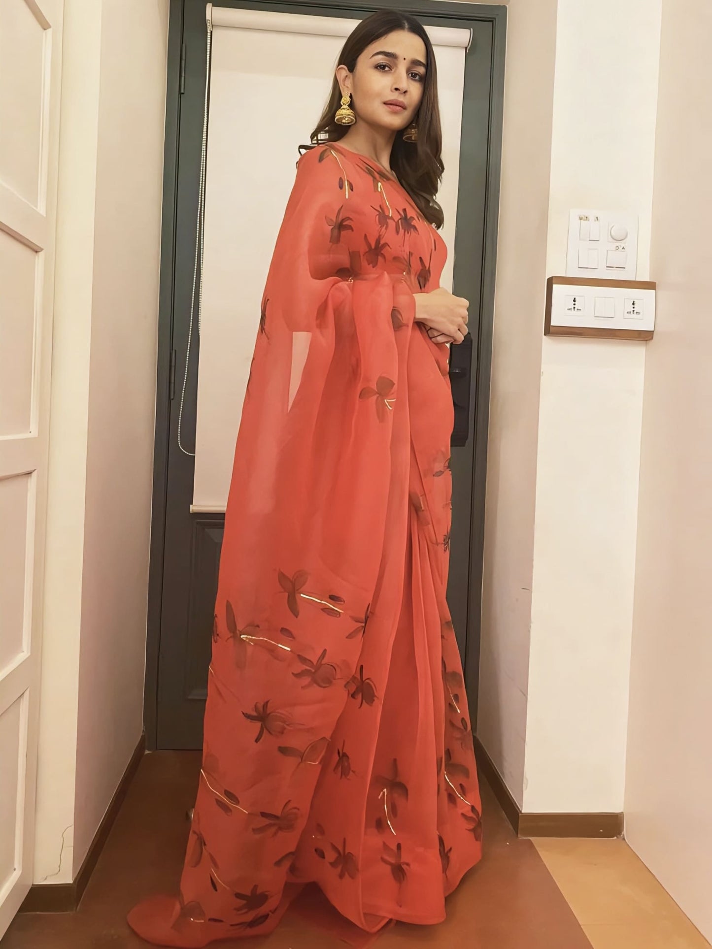 Alia Bhatt Inspired Red Hand-Painted Silk Organza Saree with Gota Work | Fuchsia’s on Red Saree
