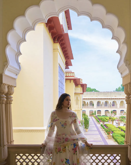 Janhvi Kapoor Inspired Garden of Eden Hand-Painted Silk Kurta Set with Organza Dupatta