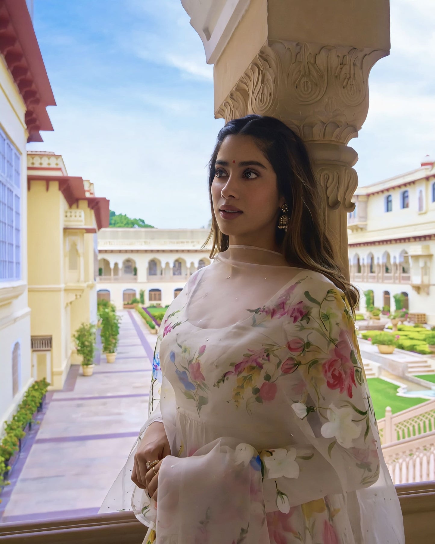 Janhvi Kapoor Inspired Garden of Eden Hand-Painted Silk Kurta Set with Organza Dupatta