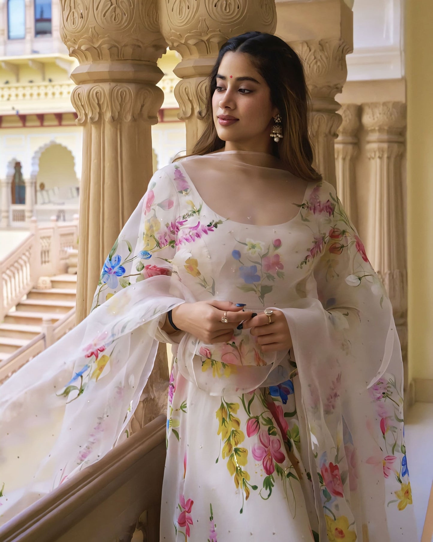 Janhvi Kapoor inspired hand painted floral pure silk kurta set with silk organza dupatta sequins and gota embroidery